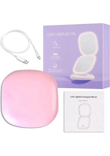 Çift Lamba Pembe Mini Kompakt LED Makyaj Aynası Işık 5x Büyütmeli Küçük Cep Taşınabilir Seyahat Pembe Siyah Katlanabilir Kozmetik Makyaj Aynaları (Yurt Dışından)