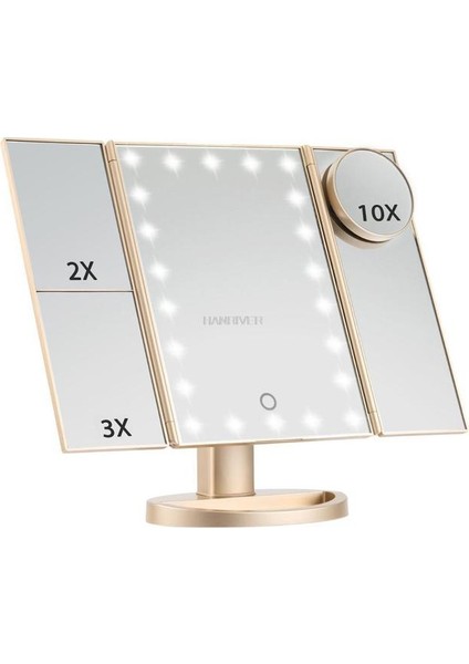 Altın 22 Işık Makyaj Aynası Masa Masaüstü Makyaj LED Dokunmatik Ekran 1X/2X/3X/10X Büyüteç Aynalar Van Yüksek Çözünürlüklü Kozmetik Ayna (Yurt Dışından)