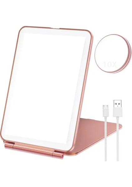 Gül Altın LED Makyaj Aynası Kademesiz Karartma 10X Büyütme Üç Renkli Işık USB Şarj Otomatik Kapanma Katlanabilir Makyaj Aynası (Yurt Dışından)