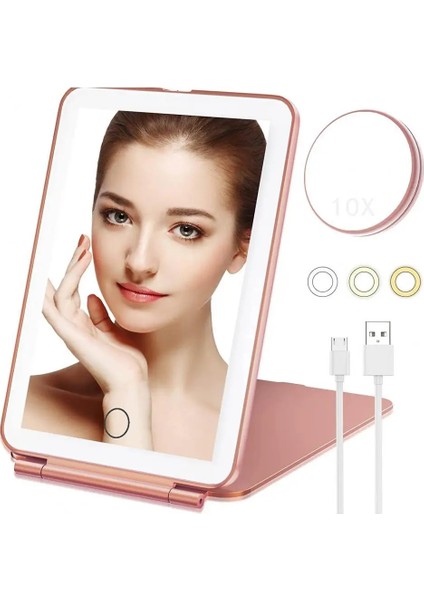 Gül Altın LED Makyaj Aynası Kademesiz Karartma 10X Büyütme Üç Renkli Işık USB Şarj Otomatik Kapanma Katlanabilir Makyaj Aynası (Yurt Dışından) fırsatları