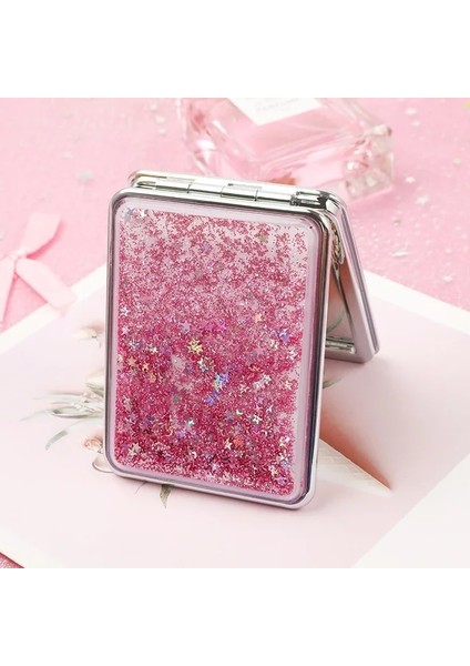 Kare Pembe Parlak Bataklık Makyaj Aynası Taşınabilir Büyüteç El Kare Makyaj Ayakta Vanity Katlanabilir Cep Aynası Sevimli Kompakt Kızlar (Yurt Dışından)