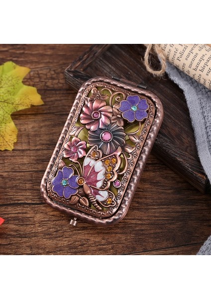 1 2-Yüz Katlanmış Cep Aynası Vintage Hollow-Out Oyma Taklidi Ayna Hediye Kutusu ile Taşınabilir Makyaj Aynası (Yurt Dışından)