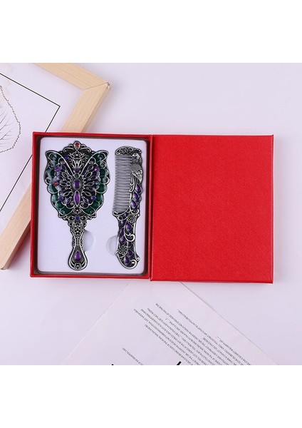 Kalay Metal Makyaj Aynası Tarak Hediye Kutusu ile Ambalaj Rusya Vintage Kelebek Oyma Kadın Hediye Taklidi Ayna Tarak Seti Taşınabilir (Yurt Dışından)