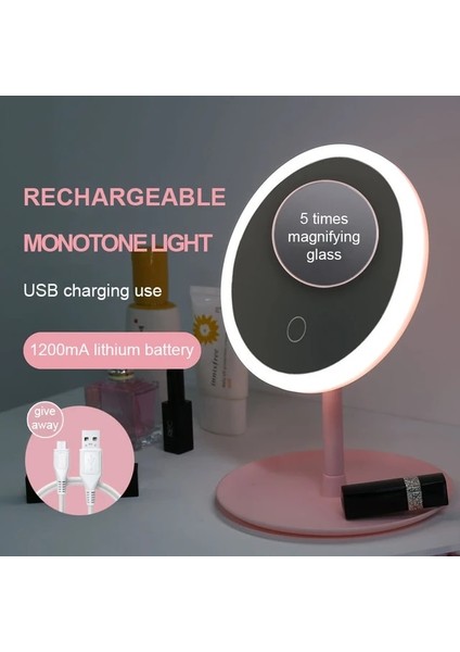 Pembe 1 Renkli 5x LED Makyaj Aynası Işık ile Bayanlar Depolama Makyaj Lambası Masaüstü Makyaj Masası Aynası Yuvarlak Şekil Kozmetik Aynalar Kadın Noel Hediyeleri (Yurt Dışından)