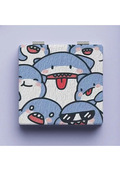 Köpekbalığı Yağlıboya Makyaj Aynası 2x Büyüteç Kozmetik Ayna Taşınabilir Kadın Katlanır Çift Taraflı Küçük Ayna Güzellik Araçları (Yurt Dışından)