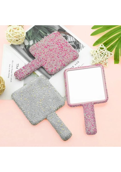 Beyaz Kare Makyaj Aynası Glitter Rhinestone Dekor Kare Yuvarlak Kalp Şeklinde El Ayna Kadın Kızlar Kozmetik El Aynası (Yurt Dışından) fırsatları
