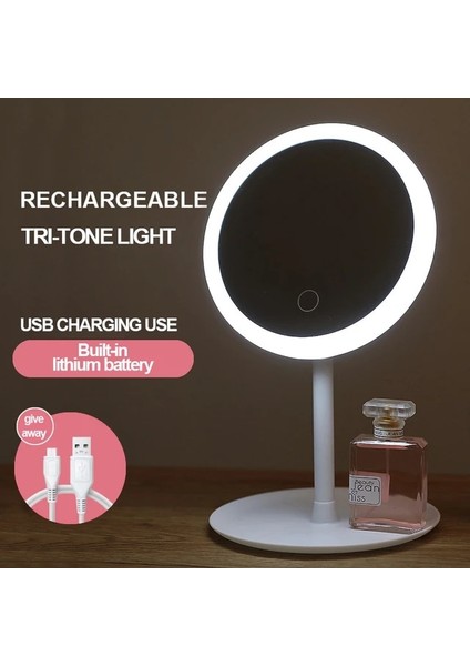 Beyaz 3 Renkli LED Makyaj Aynası Işık ile Bayanlar Depolama Makyaj Lambası Masaüstü Makyaj Masası Aynası Yuvarlak Şekil Kozmetik Aynalar Kadınlar Yılbaşı Hediyeleri (Yurt Dışından) fiyatları