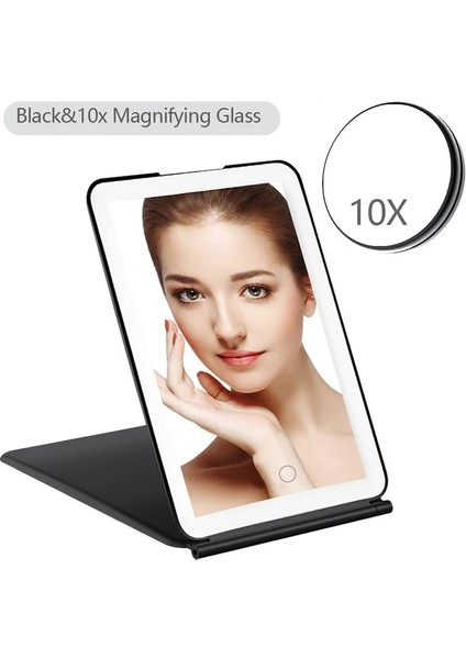 Siyah 10X Magnifie LED Makyaj Aynaları Taşınabilir Katlanır Aynalar Dokunmatik Ekran Makyaj Aynası Üç Renkli Işık Modu Seyahat Tuvalet Masası Aynası (Yurt Dışından)