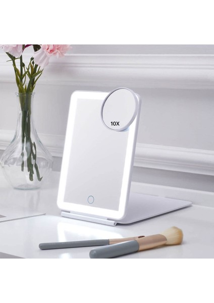 Siyah 10X Magnifie LED Makyaj Aynaları Taşınabilir Katlanır Aynalar Dokunmatik Ekran Makyaj Aynası Üç Renkli Işık Modu Seyahat Tuvalet Masası Aynası (Yurt Dışından)