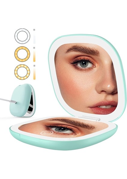 Yeşil Set Dokunmatik Ekran LED Makyaj Kompakt Ayna Çift Taraflı Seyahat Makyaj Aynası 1x/5x Büyütme Işıklı Kozmetik Katlanabilir Ayna (Yurt Dışından)
