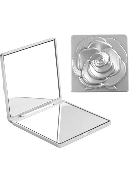 Silver-1x 2x Küçük Kare Makyaj Aynası Gül Çiçek Çift Taraflı El Kozmetik Aynalar Katlanır Cep Kompakt Makyaj Makyaj Aynaları Seyahat (Yurt Dışından)