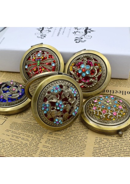 Altın Metal Bronz Yuvarlak Makyaj Aynası Küçük Katlanabilir Içi Boş Büyüteç Cep El Aynası Kompakt Vintage Çift Taraflı Makyaj Araçları (Yurt Dışından) fiyatları