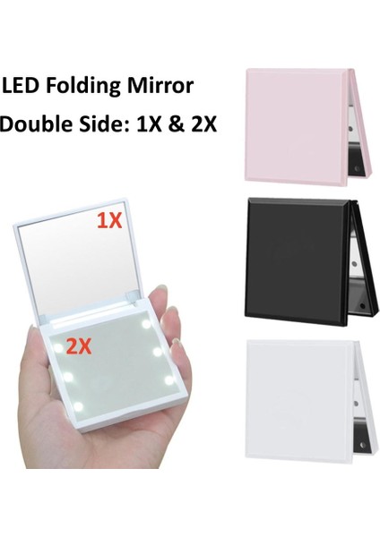 LED 6 LED Makyaj Aynası Işıklı 1x 2x Büyüteç Küçük Cep Taşınabilir Seyahat Pembe Siyah Beyaz Katlanabilir Kozmetik Makyaj Aynaları (Yurt Dışından) indirimleri