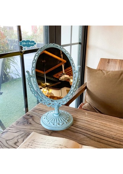 Mavi Oval Kozmetik Kalp Şeklinde Ayna Fonksiyonel Dayanıklı Masa Tipi Vintage Avrupa Tarzı Makyaj Aynası Makyaj Cep Kompakt Aynalar (Yurt Dışından)