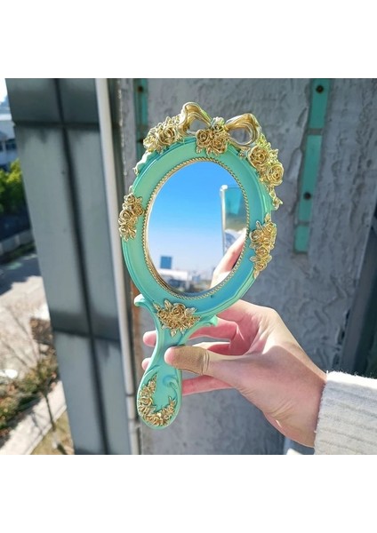 Yeşil Yeni Makyaj Aynası Retro Avrupa Tarzı Dikdörtgen El Tutma Kozmetik Ayna Kolu Tek Taraflı Masaüstü Prenses Makyaj Aynası (Yurt Dışından)