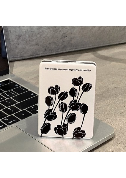 Siyah Çiçek 1 Adet Taşınabilir Katlanır Ayna Çift Taraflı Mini Makyaj Aynası Büyütme Katlanabilir Cep Seyahat Güzellik Kozmetik Aracı Kız Kadın (Yurt Dışından)