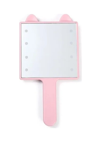Pembe Kulak LED El Aynası Makyaj Taşınabilir Kompakt El Aynası 8x LED Boncuklu Seyahat Hd Büyük Kare Kozmetik Ayna Saplı (Yurt Dışından)