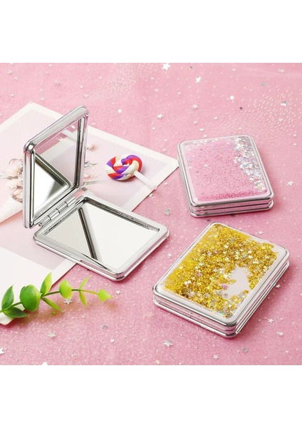 2 Katlanır Çift Taraflı Kozmetik Aynalar Akan Köpüklü Kum ile Kadın Hediyeler Için Mini Makyaj Aynası Kompakt Cep Aynaları Pembe (Yurt Dışından) modelleri