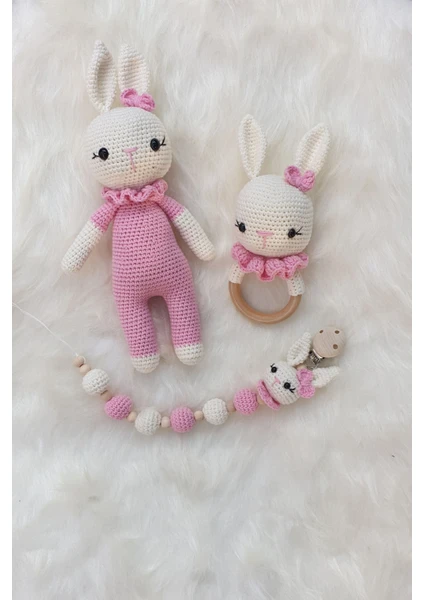 Kelebeğin Rüyası Hobi Evi Amigurumi  Hediyelik Uyku Arkadaşı Tavşan,çıngırak,emzik Zinciri Üçlü Set