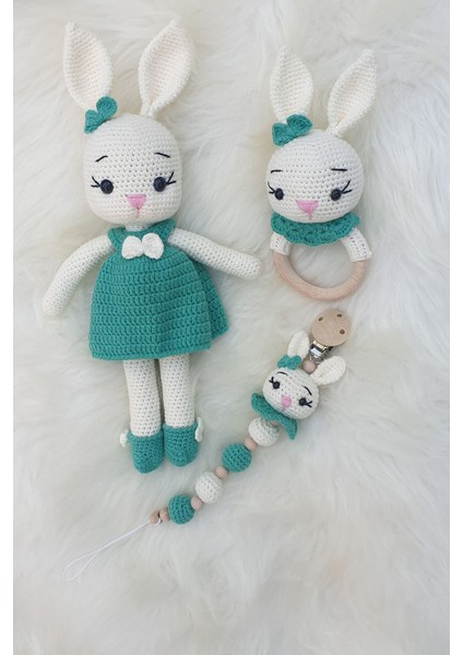 Amigurumi Yenidoğan Uyku Arkadaşı Tavşan, Çıngırak, Emzik Zinciri 3lü Set