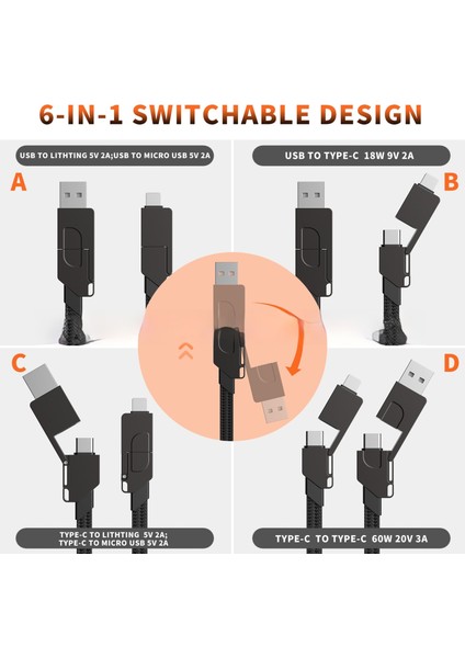 Altısı Bir Arada Taşınabilir Anahtarlık Çok Fonksiyonlu Pd Hızlı Şarj Veri Kablosu (Yurt Dışından)