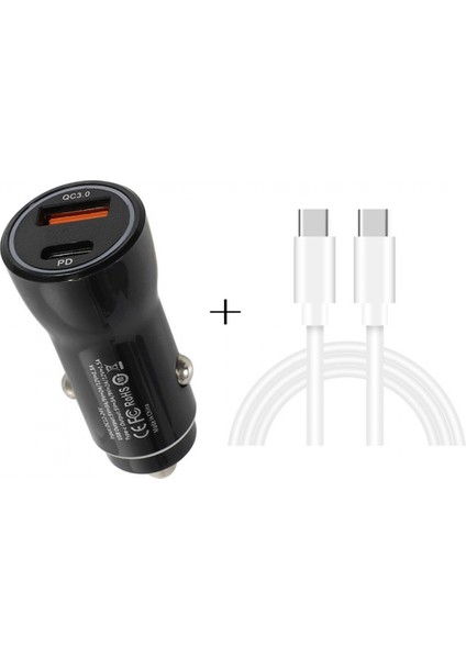 Pd 20w Usb-C / Type-C + Qc3.0 18w Usb Hızlı Araç Şarj Cihazı, Usb-C / Type-C - Usb-C / Type-C Veri Kablosu Seti İle (Yurt Dışından)