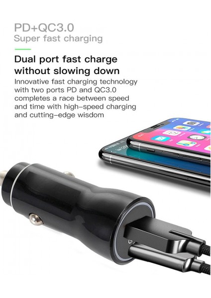 Pd 20w Usb-C / Type-C + Qc3.0 18w Usb Hızlı Araç Şarj Cihazı, Usb-C / Type-C - Usb-C / Type-C Veri Kablosu Seti İle (Yurt Dışından)