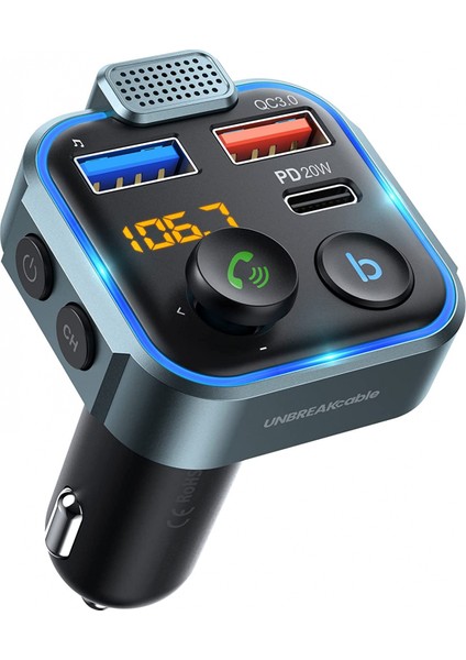 Bluetooth 5.0 Fm (Ukw) Verici, Araç Için, Qc3.0 + Tip C Pd 20 W Araç Şarj Cihazı, Kablosuz Fm Radyo, Bas Ses, Müzik Çalar, Eller Serbest Konuşma Tertibatı ve USB Bellekler Için Bağ (Yurt Dışından)