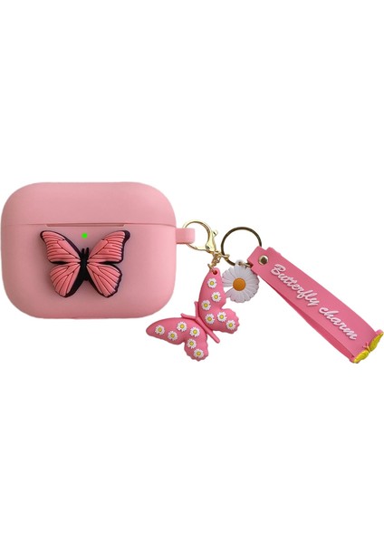 Shock Resistant Silicone 3D Butterfly Case Keychain Women Girls Gift Compatible With Pro Charging Case - Blue Butterfly (Pink) (Yurt Dışından)