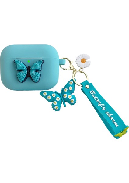 Shock Resistant Silicone 3D Butterfly Case Keychain Women Girls Gift Compatible With Pro Charging Case - Blue Butterfly (Green) (Yurt Dışından)