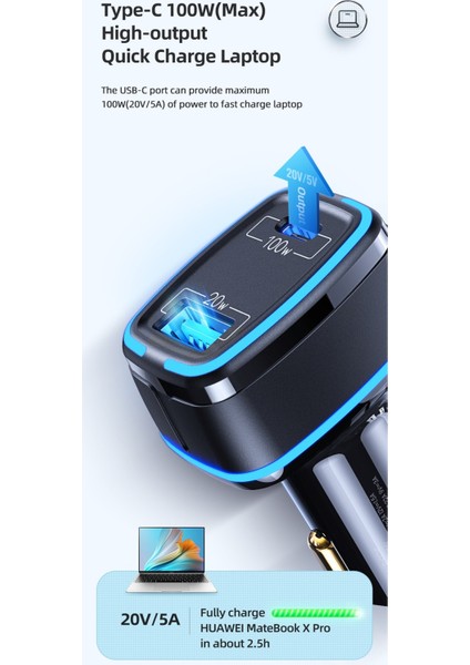 100w Pd3.0 Pps Ve 20w Qc3.0 Bağlantı Noktalarına Sahip 120w Usb C Araç Şarj Cihazı, Macbook 2018 2019 İle Uyumlu Dell Xps Google Chromebook Acer Asus Xiaomi Huawei (Yurt Dışından) modelleri