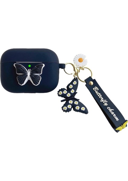 Shock Resistant Silicone 3D Butterfly Case Keychain Women Girls Gift Compatible With Pro Charging Case - Black Butterfly (Black) (Yurt Dışından)