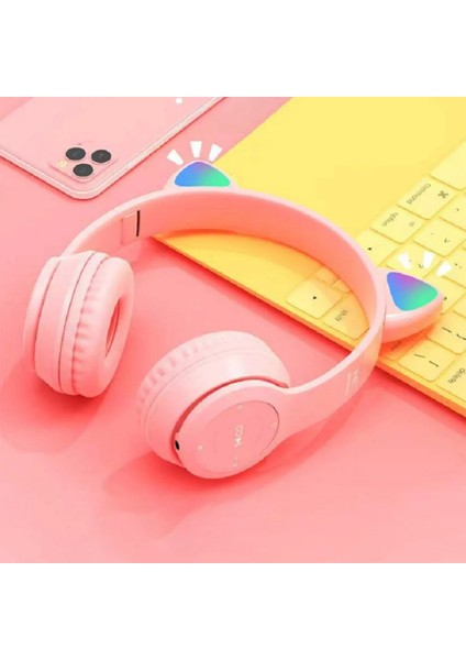 Yeni Yanıp Sönen LED Sevimli Kedi Kulaklar Kulaklık Bluetooth Kablosuz Mikrofonlu Kulaklık Tf Fm Çocuk Kız Stereo Müzik Kulaklık Yavru Earphon (Yurt Dışından)