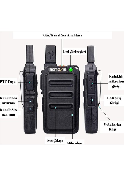 RT618 Telsiz Mini Acil Durum Lisanssız 16 Kanal Vox Dual Ptt Ultratip Pmr Telsiz Seti Şarj Edilebilir USB Şarj Kablosu (1 çift, siyah)