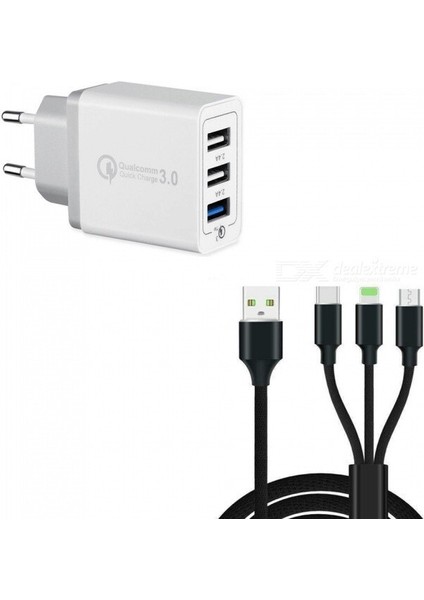 30w 3 Bağlantı Noktalı Hızlı Hızlı Şarj Qc 3.0 Usb Duvar Şarj Cihazı + 3'Ü 1 Arada Type-C + 8 Pin + Mikro Usb Veri Şarj Kablosu (Yurt Dışından)