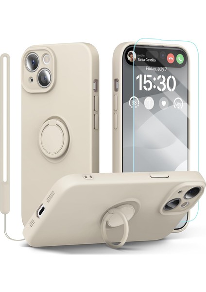 iPhone 15 Için Ekran Koruyuculu Silikon Telefon Kılıfı [halka Tutucu Stand] [bilek Kayışı] [mikrofiber Astar] Ince Darbeye Dayanıklı Koruyucu Kapak, 6,1 Inç (Beyaz) (Yurt Dışından)