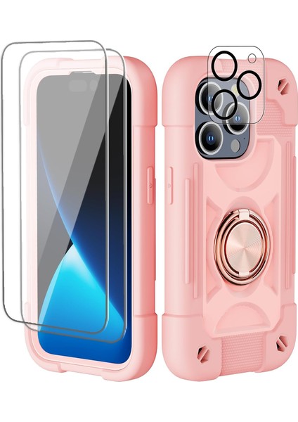 iPhone 15 Pro Max Kılıfı ile Uyumlu 6,7" - Halka Standlı Ağır Hizmet Darbeye Dayanıklı Askeri Sınıf Sağlam Kapak, Cam Ekran Koruyucu ve Kamera Lens Koruyucu (Pembe) (Yurt Dışından)