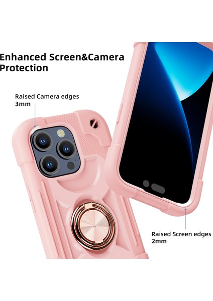 iPhone 15 Pro Max Kılıfı ile Uyumlu 6,7" - Halka Standlı Ağır Hizmet Darbeye Dayanıklı Askeri Sınıf Sağlam Kapak, Cam Ekran Koruyucu ve Kamera Lens Koruyucu (Pembe) (Yurt Dışından)