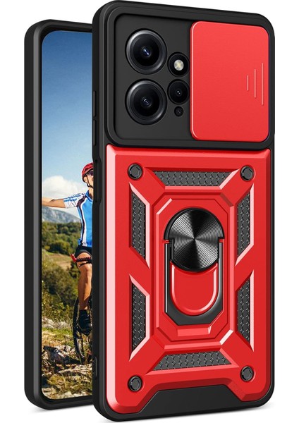 Xiaomi Redmi Için Uygun Not 12 4g Sürgülü Kamera Kapağı ile Askeri Sınıf Anti Damla Kırmızı Telefon Kılıfı Halka Braketi ile (Yurt Dışından)