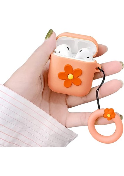 Compatible With Case Cute Cartoon Flower Pattern Girls Woman Soft Silicone Shockproof Keychain Design Cover For 1 &2-Orange (Yurt Dışından)