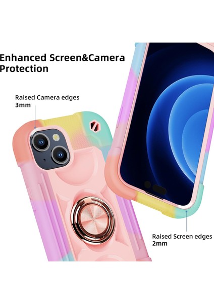 iPhone 15 Plus Kılıfı ile Uyumlu 6,7" - Halka Standlı, Ağır Hizmet Darbeye Dayanıklı Askeri Sınıf Sağlam Kapak, Cam Ekran Koruyucu ve Kamera Lens Koruyucu (Gökkuşağı Pembesi) (Yurt Dışından)