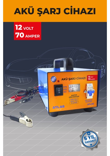 ATLAS AKÜ ŞARJ CİHAZI 12 VOLT 70 AMPER 5 YIL GARANTİ