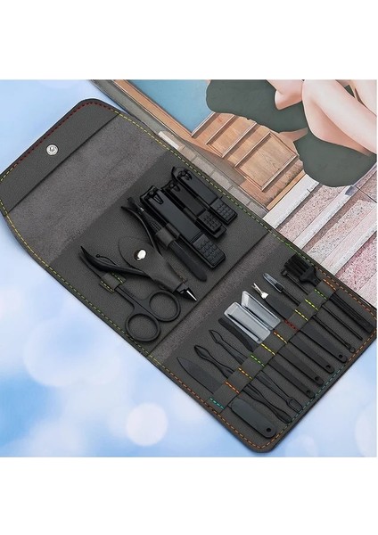 Gri 16PCS Tırnak Makası Seti Pu Çanta Paslanmaz Çelik Tırnak Kesici Ölü Deri Pense Tırnak Güzellik Manikür Makası Düzelticiler Kulak Kaşığı Ayak Araçları (Yurt Dışından)