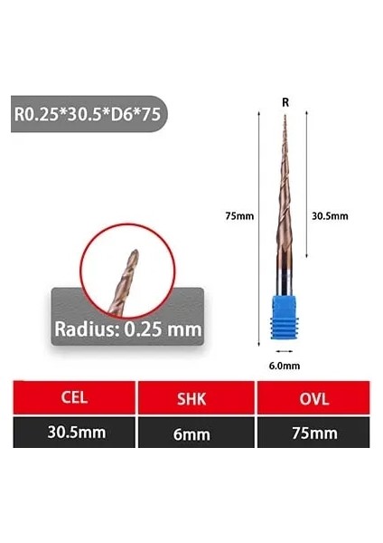 Konık D6-0.25R-30.5CL Ucheer 1 Adet 4mm 6mm Konik Bilyalı Uçlu Freze Tungsten Katı Karbür Kaplamalı Koni Cnc Freze Kesicisi Ağaç Işleme Gravür Bit (Yurt Dışından)