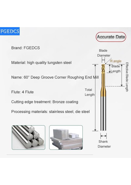 1R0.1X18L Mikro Köşe Yarıçapı End Mill Uzun Boyunlu 1mm 1.5mm 2mm R0.1 R0.2 Mini Karbür Cnc Kesme Derin Oluk Köşe Kaba Işleme Aracı 4 Flüt (Yurt Dışından)