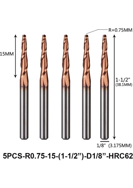 5PC-R0.75-D3.1-HRC62 5 Adet/grup Tungsten Katı Karbür Inç Boyutu 3.175MM Bilyalı Burun Konik Uçlu Freze Freze Uçları Cnc Konik Ahşap Metal Freze Kesici (Yurt Dışından)