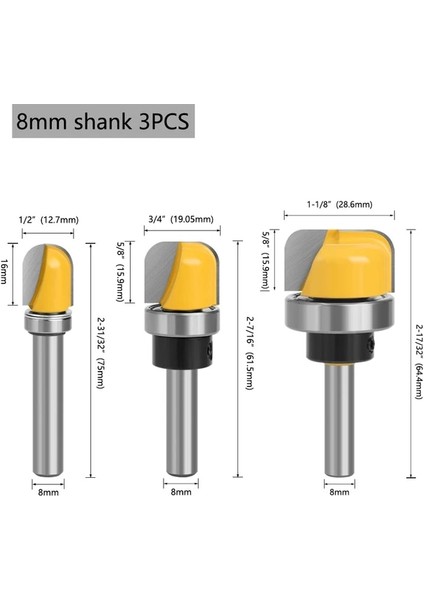 8mm Set Aurwof 8mm Shank 1-1/8 3/4 Çaplı Kase Tepsi Yönlendirici Bit Yuvarlak Burun Freze Kesicisi Rulman ile Ağaç Işleme Için (Yurt Dışından)