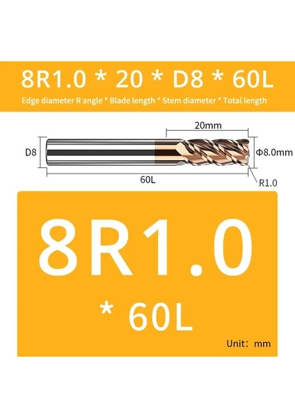 8R1.0X20XD8X60L Augusttool Köşe Yarıçapı End Mill Cnc R Boğa Burun Freze Kesicisi Tungsten Karbür Çelik Metal Yönlendirici Aracı R0.5 R1 4 Flüt (Yurt Dışından)
