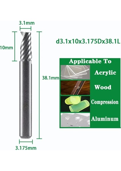D3.1X10X3.175DX38.1L Spiral Uçlu Değirmen 3.175/4/5/6/8MM Shank Tek Flüt Freze Kesiciler 3D Cnc Freze Ucu Gravür Kesim Akrilik Ahşap Alüminyum (Yurt Dışından)