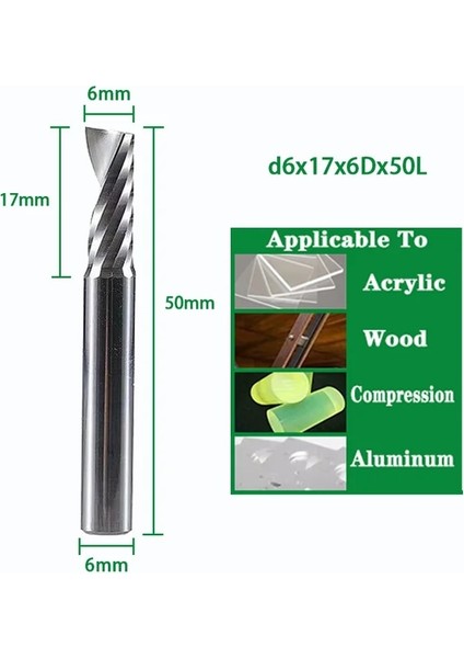 D6X17X6DX50L Spiral Uçlu Değirmen 3.175/4/5/6/8MM Shank Tek Flüt Freze Kesiciler 3D Cnc Freze Ucu Gravür Kesim Akrilik Ahşap Alüminyum (Yurt Dışından)